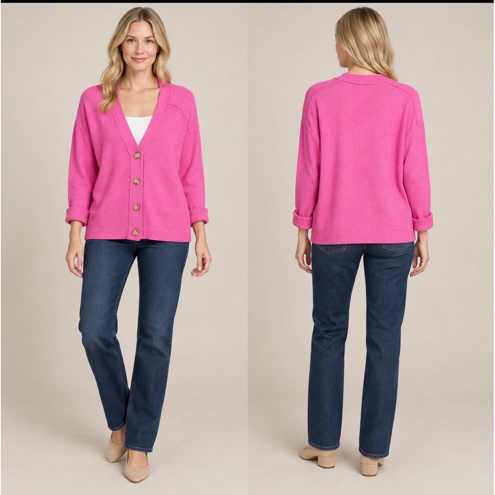 LOFT Women's L Hot Pink Button Front Cardigan Sweater Cotton Blend Preppy EUC